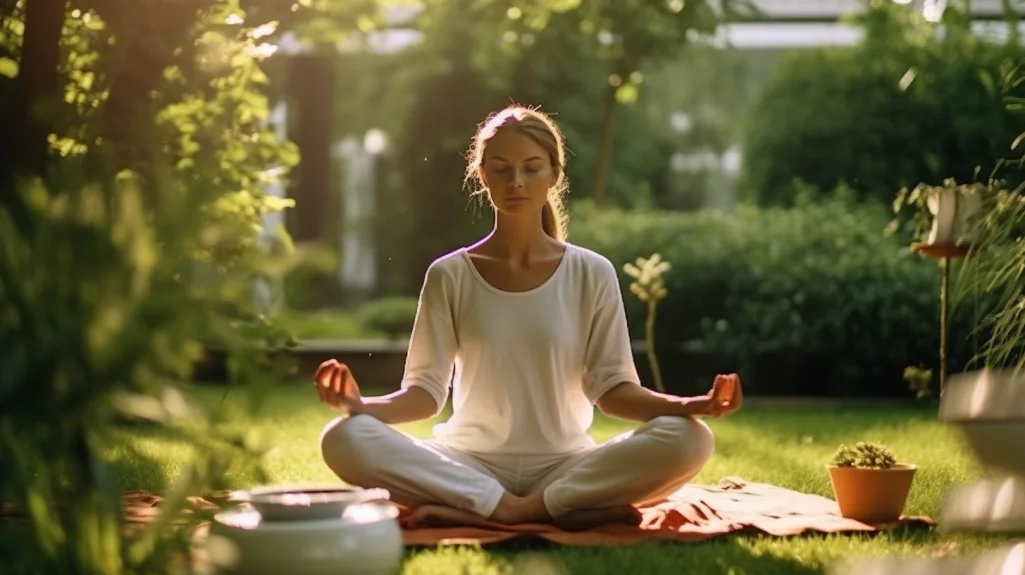 femme pratiquant le yoga après déjeuner dans un jardin